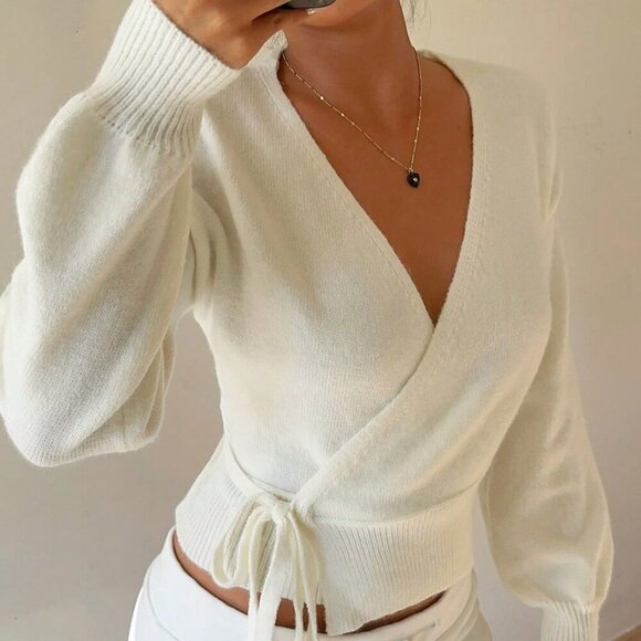White Casual Women's Versatile Wrap Tie Front Cardigan - Picture 2 of 7